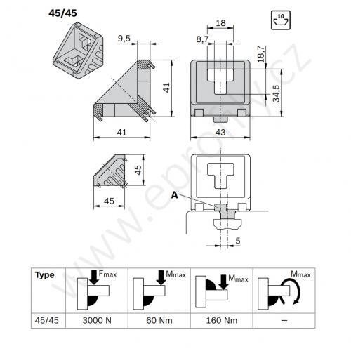 Spojovací úhelník 90° vnější, ESD, 3842523558, 45x45, Balení (100ks)