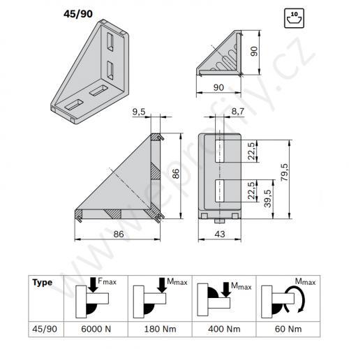 Spojovací úhelník 90° vnější, ESD, 3842523567, 45x90, Balení (100ks)