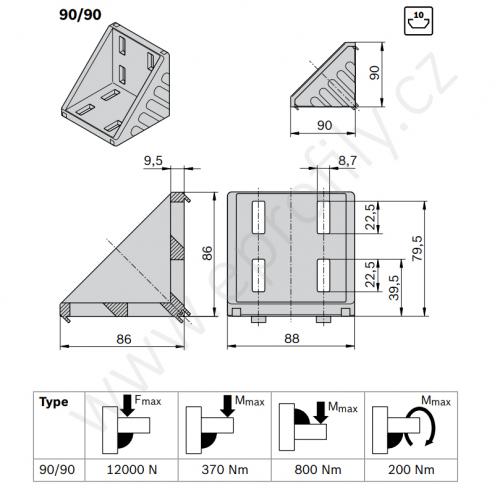 Spojovací úhelník 90° vnější, ESD, 3842523575, 90x90, (1ks)