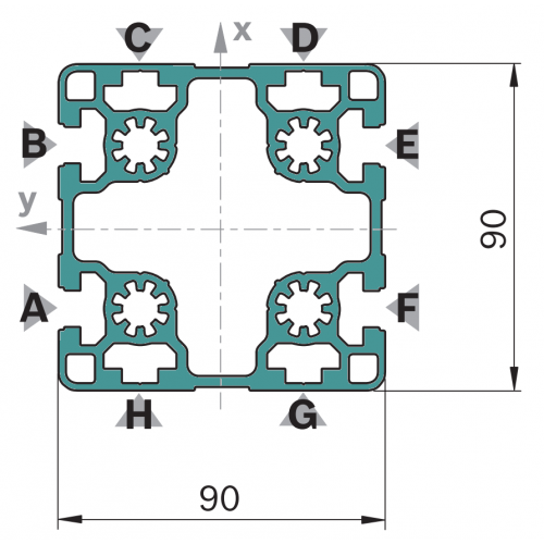 Hliníkový, konstrukční profil, 3842538297, 90x90L 4N, Balení (6ks)