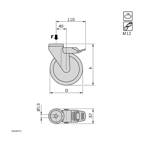 Kolečko otočné s brzdou, 3842541228, D125F, (1ks)