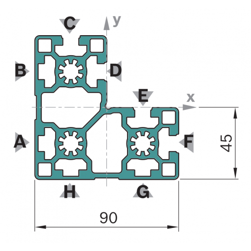 Hliníkový, konstrukční profil, 3842993764, 45x90x90L 4N, Řezaný profil